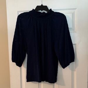 W5 Navy Blouse with Ruffled Neckline